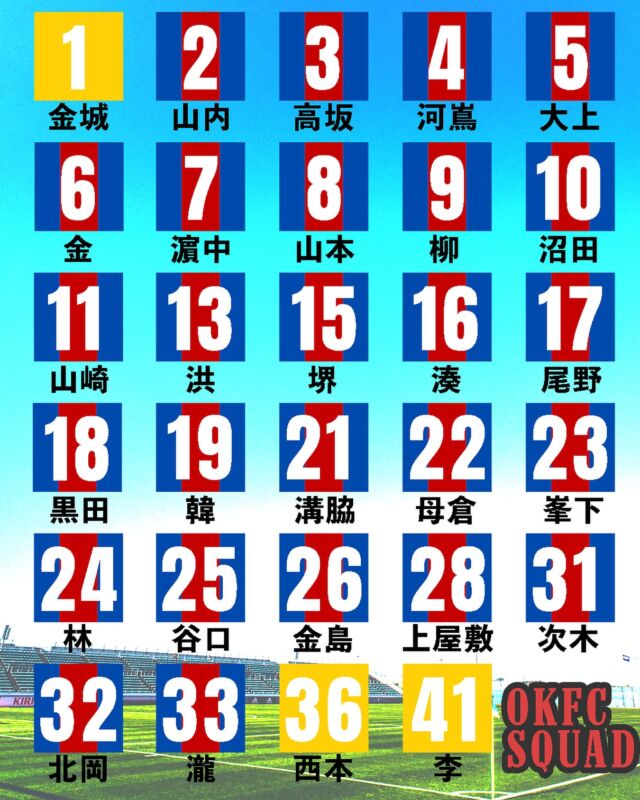 2025 @okfc1967 SQUAD LIST.
#RoadtoDivision1

ーーーーーーーーーーーー

#社会人サッカー
#社会人リーグ
#大阪府社会人サッカー
#アストエンジ
#アストエンジ関西サッカーリーグ 
#アストエンジ関西サッカーリーグ2部 
#アストエンジ関西サッカーリーグdivision2 
#生野区
#OKFC
#大阪コリアンフットボールクラブ 

#スポンサー
#ミレ信用組合
#NK興産
#きらく屋
#原田建物株式会社
#株式会社Bond
#株式会社宮川公製作所
#株式会社ホームテックビルサービス
#株式会社コピー
#株式会社Eikyu
#おにやんま君