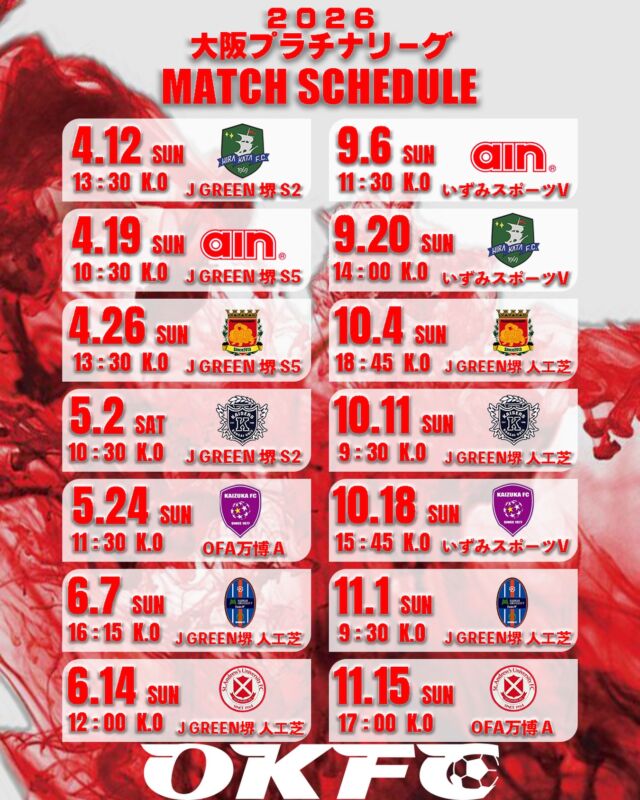 【2026年度 大阪府社会人サッカー・プラチナリーグ日程】
今季、OKFCが戦う大阪府社会人サッカー・プラチナリーグの日程はこちらになります。
今季も皆様のご声援を宜しくお願いいたします！
プラチナリーグ優勝、そして関西リーグ復帰に向けて
戦っていきます！

開幕節 4月12日(日) 13:30キックオフ
vs枚方フットボールクラブ
会場：Jグリーン堺S2

第2節 4月19日(日) 10:30キックオフ
vsアイン食品
会場：Jグリーン堺S5

第3節 4月26日(日) 13:30キックオフ
vs PasionToyonakaFC
会場：Jグリーン堺S5

第4節 5月2日(土) 10:30キックオフ
vs関大クラブ2010
会場：Jグリーン堺S2

第5節 5月24日(日) 11:30キックオフ
vs貝塚フットボールクラブ
会場：OFA万博フットボールセンターA

第6節 6月7日(日) 16:15キックオフ
vs阪南大Revolution
会場：Jグリーン堺人工芝

第7節 6月14日(日) 12:00キックオフ
vs St.Andrew’s FC
会場：Jグリーン堺人工芝

第8節 9月6日(日) 11:30キックオフ
vsアイン食品
会場：いずみスポーツヴィレッジ

第9節 9月20日(日) 14:00キックオフ
vs枚方フットボールクラブ
会場：いずみスポーツヴィレッジ

第10節 10月4日(日) 18:45キックオフ
vs PasionToyonakaFC
会場：Jグリーン堺人工芝

第11節 10月11日(日) 9:30キックオフ
vs関大クラブ2010
会場：Jグリーン堺人工芝

第12節 10月18日(日) 15:45キックオフ
vs貝塚フットボールクラブ
会場：いずみスポーツヴィレッジ

第13節 11月1日(日) 9:30キックオフ
vs阪南大Revolution
会場：Jグリーン堺人工芝

第14節 11月15日(日) 17:00キックオフ
vs St.Andrew’s FC
会場：OFA万博フットボールセンターA